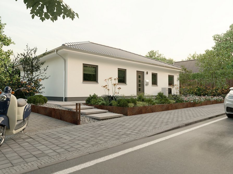 Straßenansicht des Bungalow 110 mit moderner Eingangssituation Bungalow 110 mit klarer Fassadengestaltung, Walmdach und attraktivem Vorgarten – Blick von der Straße
